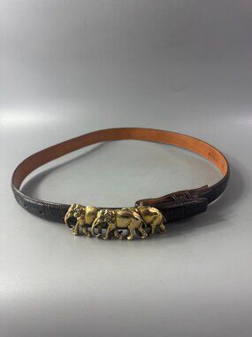 Vintage Wathne Brass Elephant Buckle Croc-embossed Brown leather Belt, Size 32